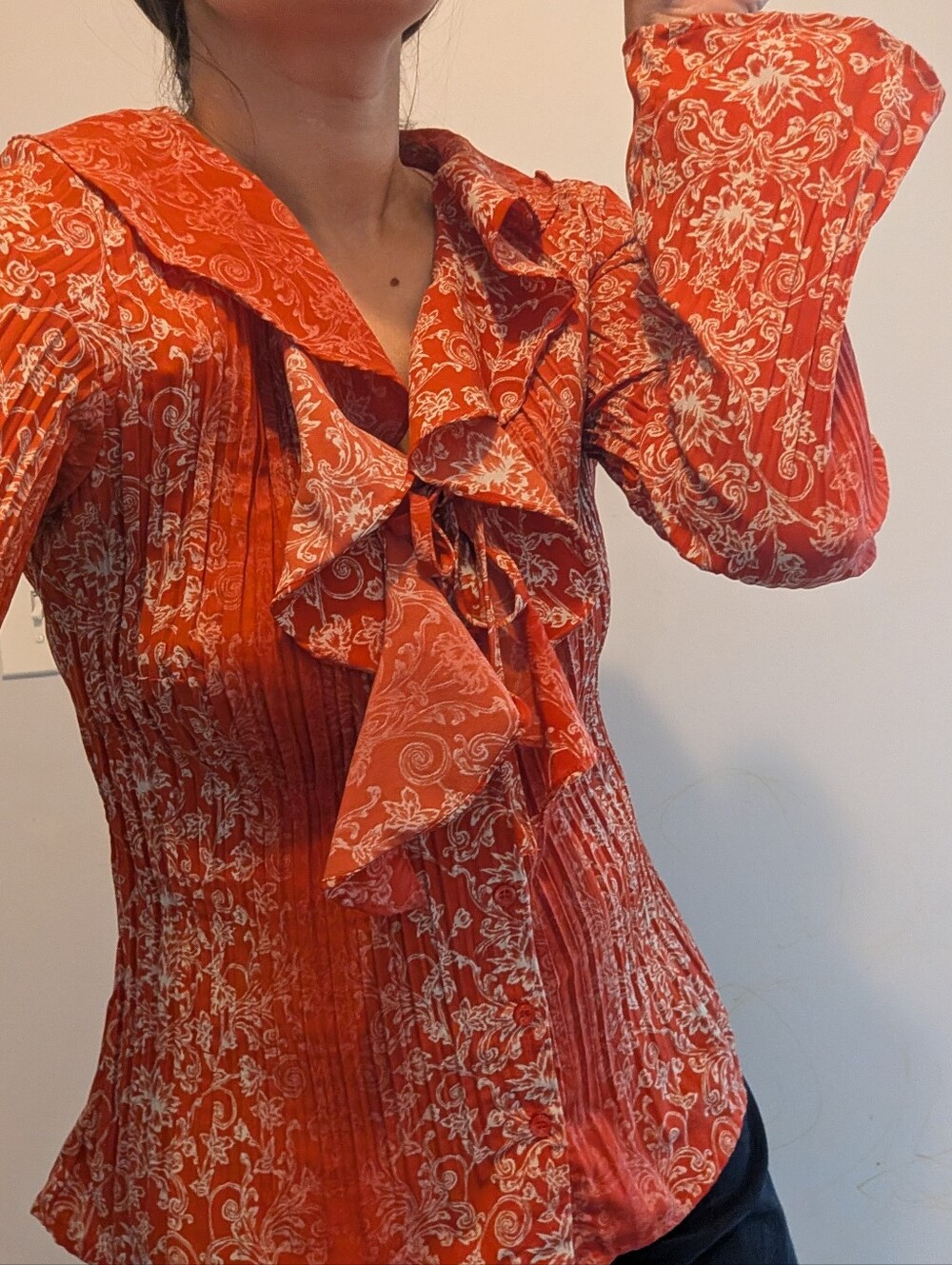 Laura Scott Petite Red Paisley Ruffle Tie-Neck Women's Top